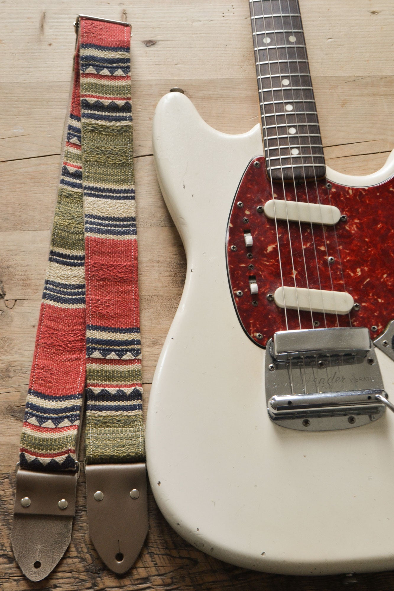 red guitar strap with ethnic stripe by Etwood Studios